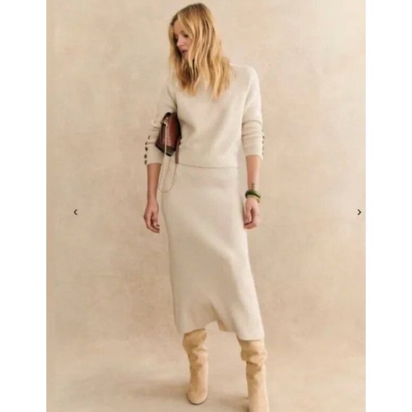 Sezane Dresses & Skirts - SEZANE Sz XS Naelle Skirt Ribbed Beige Natural Midi Length Merino Wool Cotton